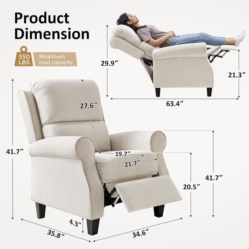 Oversized Recliner Chair for Living Room, Modern Reclining Sofa Home Theater Seating with Upholstered Push Back, Mid-Century Reclining Armchair with Lumbar Support, Bedroom, Reading Nook, Office