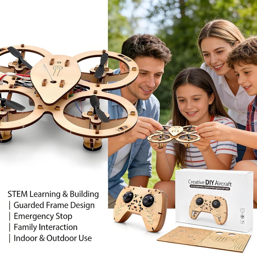 DIY Wooden Drone Model Kit,DIY Wooden RC DroneKit,WoodenBuilding Blocks Flying Toys Assembled Kit,Remote Control Aircraft Training RC DroneQuadcopter,Beginner-Friendly Mini Drone