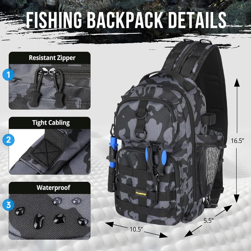 PLUSINNO Fishing Backpack with Tackle Boxes, Waterproof Fishing Sling Tackle Bag For Fishing Gear With Rod Holder, Fishing Gifts for Men With Fishing lures, Fishing pliers, Fish Lip Gripper.