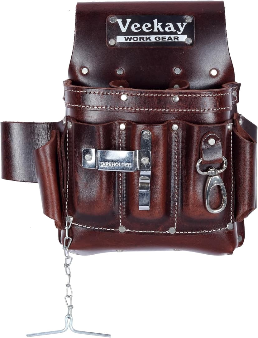 VEEKAY Electrician's Leather Tool Pouch – 10 Pocket Full Grain Leather Organizer for Electricians, Carpenters & Construction Workers – Durable, Heavy-Duty Utility Pouch (Brown/Black)