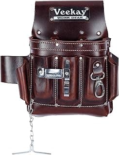 VEEKAY Electrician's Leather Tool Pouch – 10 Pocket Full Grain Leather Organizer for Electricians, Carpenters & Construction Workers – Durable, Heavy-Duty Utility Pouch (Brown/Black)
