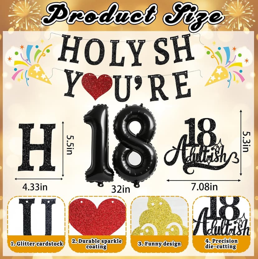 Funny 18th Birthday Decorations for Girls Boys - Glitter 18th Birthday Banner, Adultish Cake Topper &18 Balloon Numbers Set - 18 Years Old Gifts Party Decorations Supplies