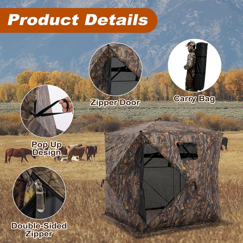 OLIXIS 270°See Through Hunting Blind, 2-3 Person Pop Up Camouflage Tent with Carrying Bag, Portable Hunting Tent with Accessory Bag