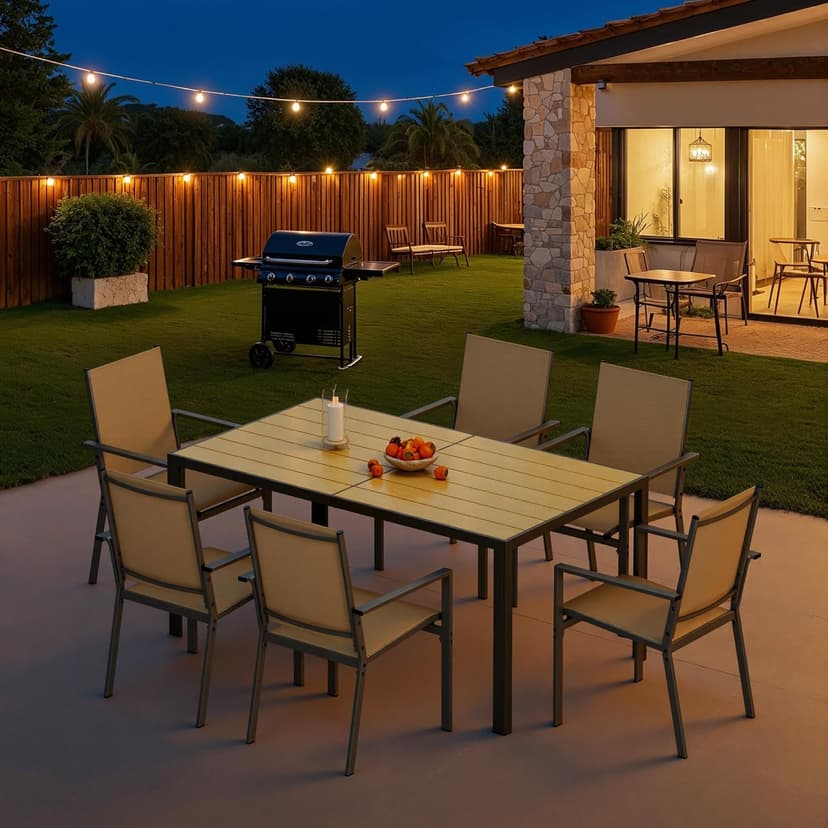 Ahomly Patio Table and Chairs Set for 6, Outdoor Dining Set Includes 59.5" Rectangle Patio Table with Side Umbrella Hole and 6 Textilene Fabric Patio Chairs for Backyard, Courtyard, Poolside, Brown