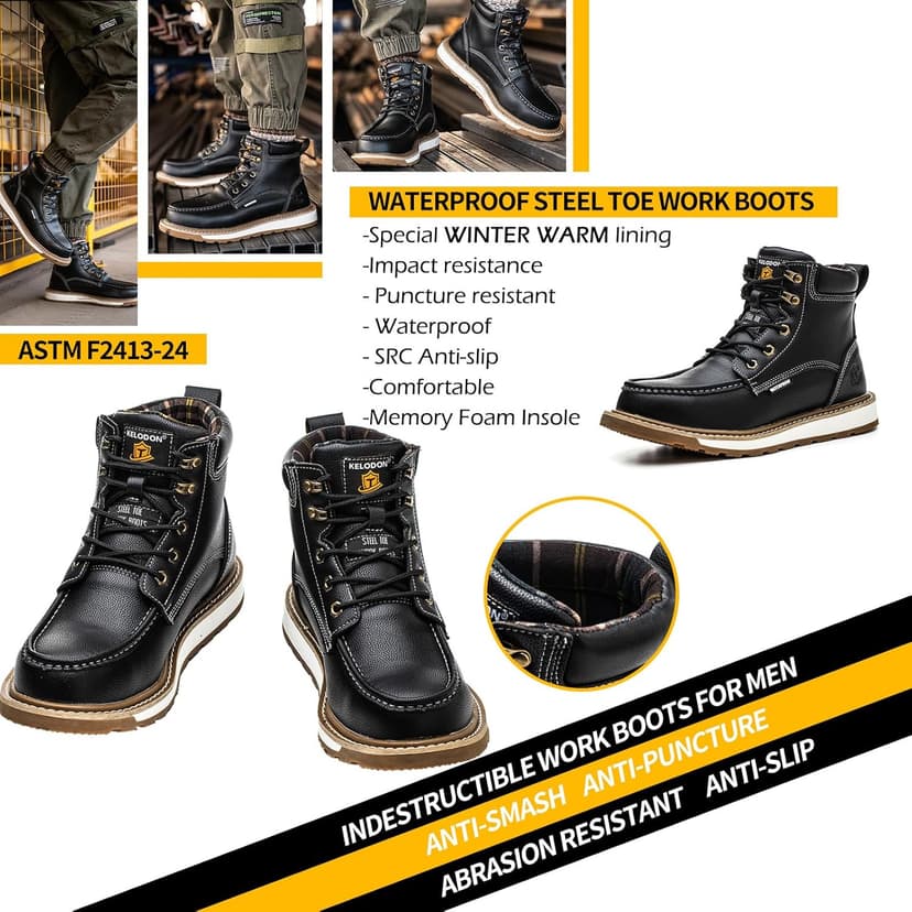 KELODON Waterproof Steel Toe Boots For Men-6" Leather Moc Toe Winter Warm Work Boots Mens Steel Toe Shoes Indestructible Non Slip Resistant Construction Safety Boot