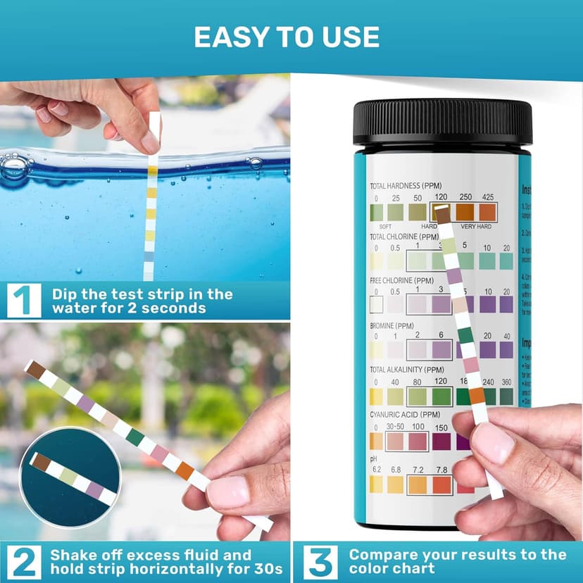 JNW 7-in-1 Pool Test Strips, 150 Quick & Accurate Test Strips for Pool Water, Spa Test Strips for Hot Tub, Chlorine Test Strips, Bromine, pH, Alkalinity, Hardness & More - Swimming Pool Test Kit