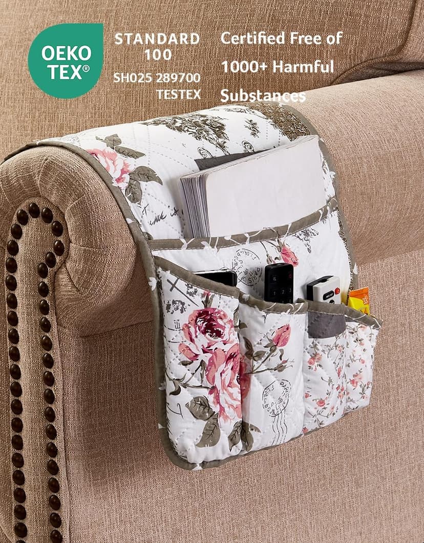 Non Slip Armchair Caddy for Sofa Recliner, Washable Remote Controls Holder, Storage for Magazine, Phone, iPad Brilliant Sunshine Pink Rose & Grey Toile Couch Armrest Organizer, 35"×13" B07X3Z4HYK