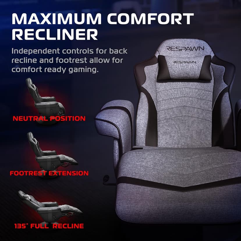 RESPAWN 900 Console Gaming Recliner with Footrest and Lumbar Support - Comfortable Ergonomic Gaming Chair with Headrest, No Wheels, Reclining, Heavy Duty, Racing Style Video Game Chairs - Gray Fabric