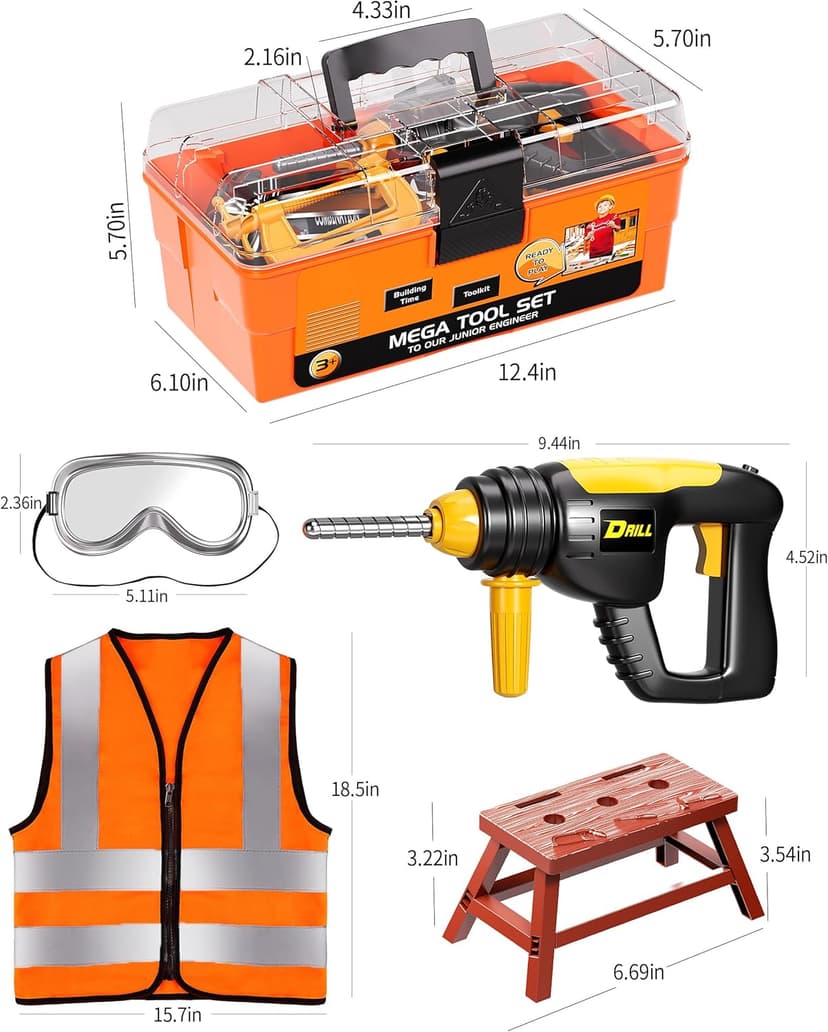 Deejoy Tool Set with Tool Box & Electronic Toy Drill, Pretend Play Kids Construction Kits for Kids Ages 3-5 Years Old, Toddler Boy Toys(Orange)