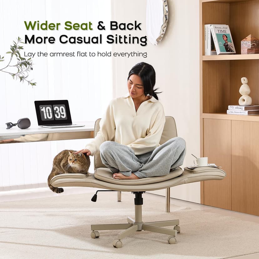 amseatec Criss Cross Office Chair, PU Leather Vanity Chair with 5-Level Adjustable Armrests & Swivel, Ergonomic Criss Cross Chair for Home Office Bedroom Makeup（Cream）