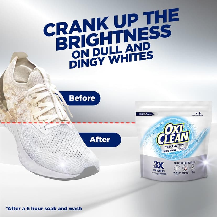 OxiClean Triple Action White Revive Laundry Whitener and Stain Remover Powder, Use with Detergent, Whitens and Brightens Clothes, Removes Tough Stains, Color Safe, Chlorine Free, 4 lbs