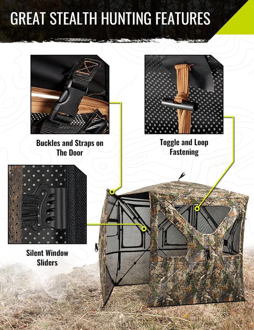 TIDEWE Hunting Blind 360°See Through with Large Open Door, Pop Up Ground Blind with Removable Curtain & Carrying Bag, Portable Resilient Tent(Forest Fade Camo)