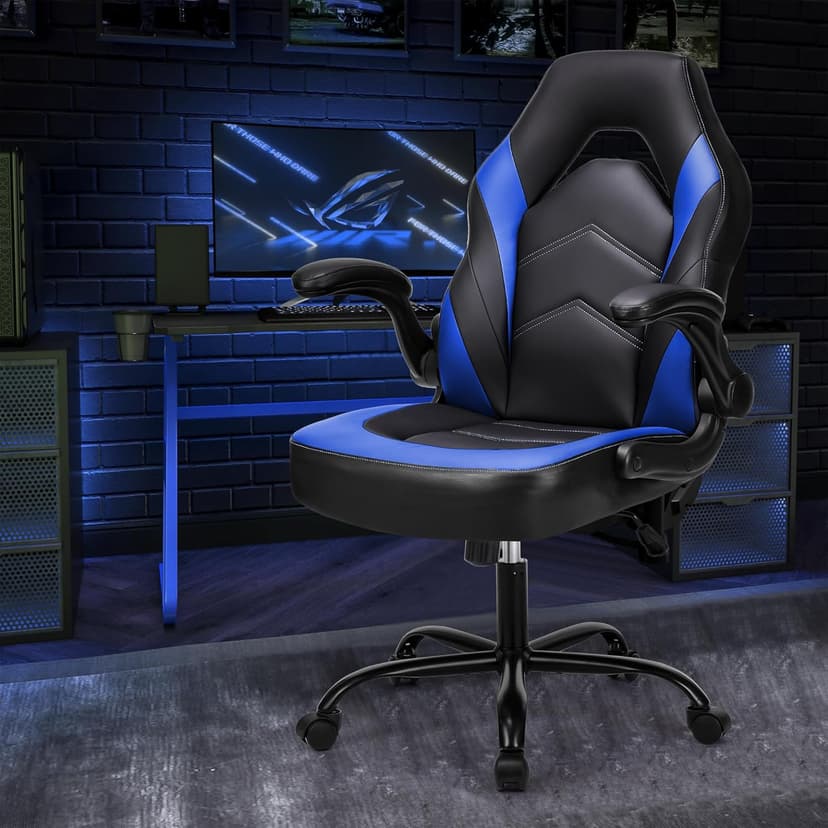 OLIXIS Computer Gaming Chair - PU Leather Ergonomic Lumbar Support with Flip-up Armrest and 360° Swivel Wheels, Height Adjustable Task Home Office Desk Video Racing, Black and Blue