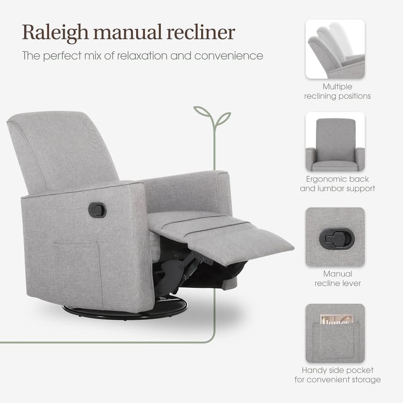 Evolur Raleigh Upholstered Manual Glider Recliner– Rocking & 360° Swivel with Smooth Glide – Greenguard Gold & FSC Certified – Modern Nursery and Living Room Chair in Light Grey