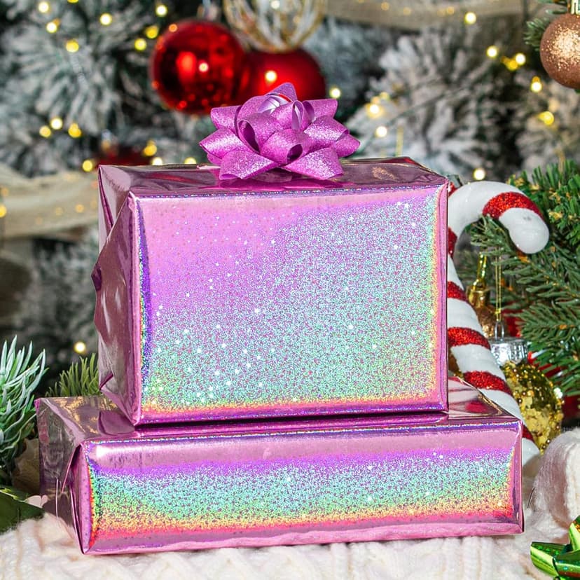 Burymento Pink Wrapping Paper Roll, Metallic Holographic Star Gift Wrap for Birthday, Valentines, Mothers day, Graduation, Wedding, Fathers day, Baby Shower, Christmas (17 IN x 32.8 FT) B0D9NFKFFC