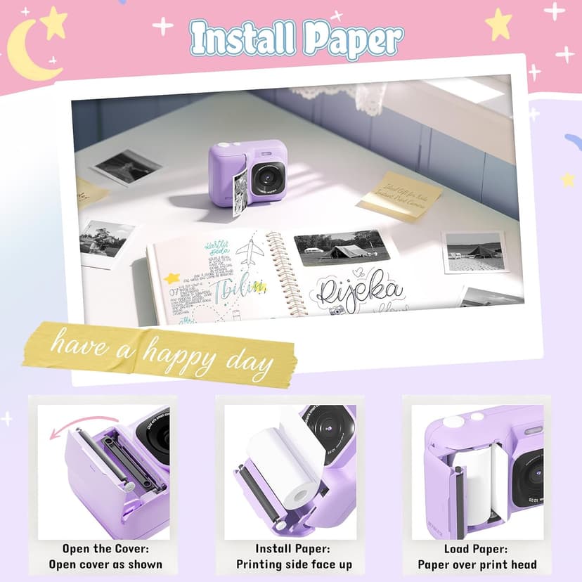Kids Camera, 1080P Instant Digital Print Camera for Kids, Christmas Birthday Gifts for 4 5 6 7 8 9 10 Year Old Girls Boys, Portable Toy with 32GB SD Card & 3 Rolls Printing Paper, Purple