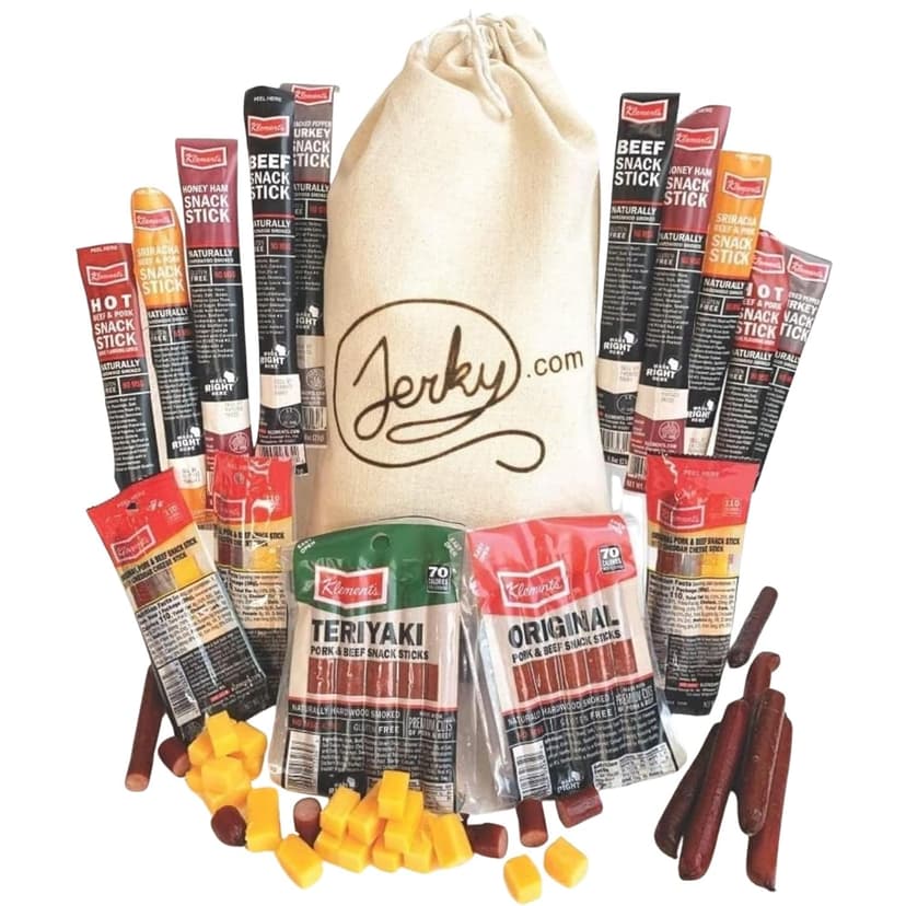 Jerky.com Gift Bag for Men | 26 Piece Meat Sticks Gift Basket with Beef Sticks, Pork, Turkey, Ham & Cheese Sticks | High Protein Snack Variety Pack | Gluten-Free Jerky Gifts for Men | Birthday Gift Basket for Him