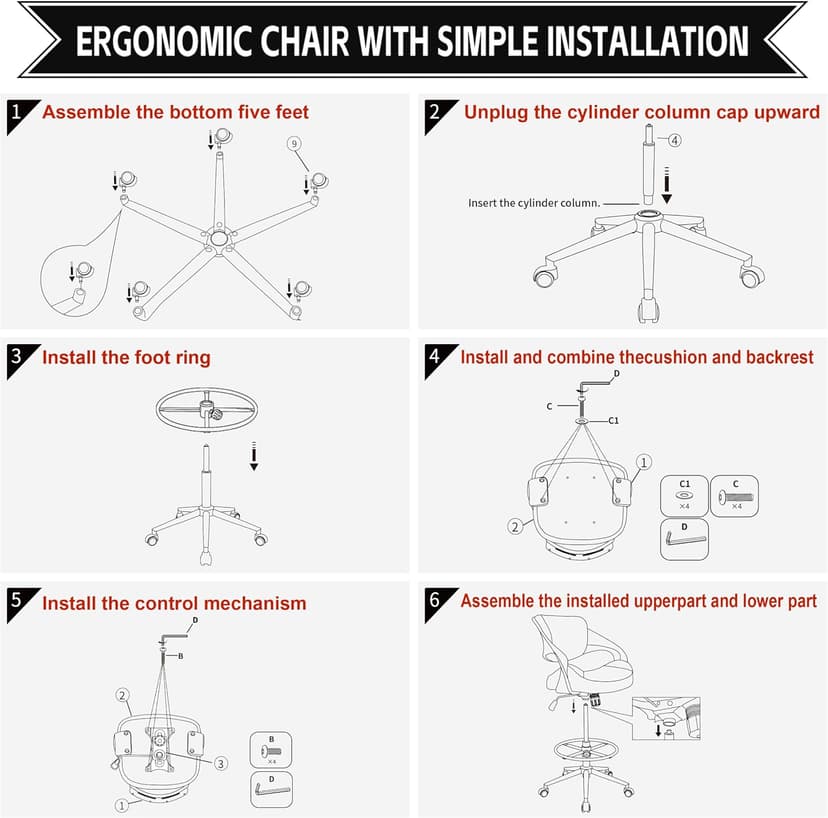 Ergonomic Drafting Chair,Standing Computer Desk Chair,Foot Ring,Lumbar Support,Swivel Task Chair-Black