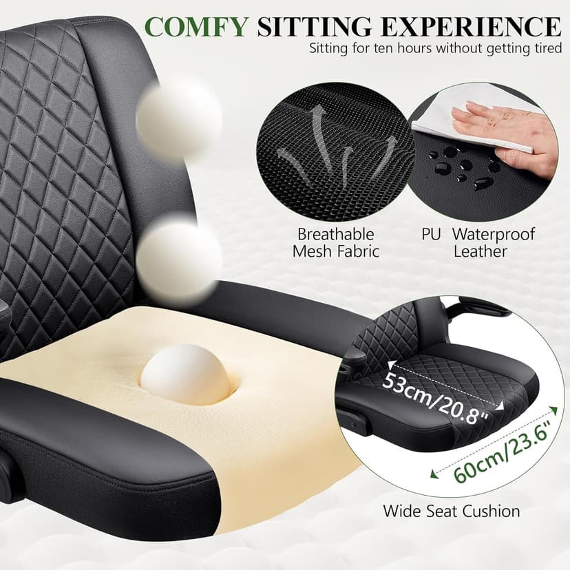 Criss Cross Office Chair with 2-in-1 Flip Backrest – Ergonomic PU Leather Floor Sitting Chair, Adjustable Height, 360° Swivel & Flip-Up Arms, Extra-Wide Seat for Home Office, Vanity, Nail Salon-Black