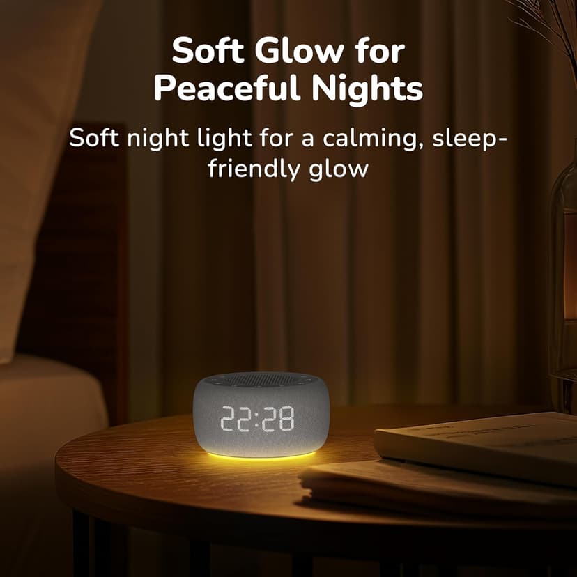 Buffbee Alarm Clock with Sound Machine for Bedrooms – 2-in-1 White Noise Machine for Sleep, Gentle Wake-Up with Soft Alarm Sounds, Ambient Night Light, Plug-in, Sleep Better, Wake Gently