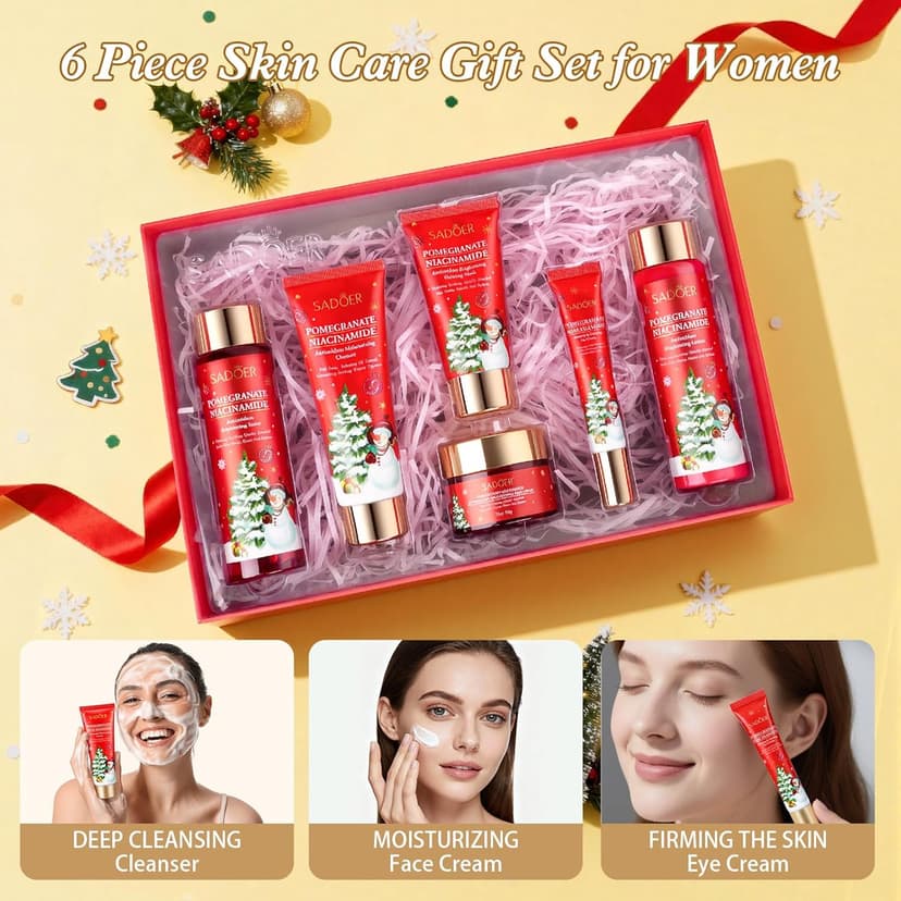 Christmas Gifts 6 Pcs Skin Care Set Pomegranate Moisturize Soothe Hydrate Gifts for Teenage Girls Stocking Stuffers Christmas Gifts for Women-Cleanser,Toner,Lotion,Face Cream,Eye Cream,Sleep Mask