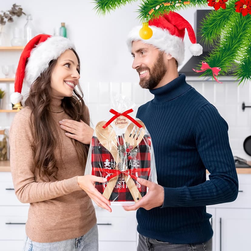 Pinkunn 8 Set Christmas Kitchen Gifts Bulk Xmas Dish Towels and Wooden Spoons Pine Picks Thank You Tag Ribbon Holiday Cooking Utensils Housewarming Gifts for Neighbor Employee Kitchen Xmas(Festive)