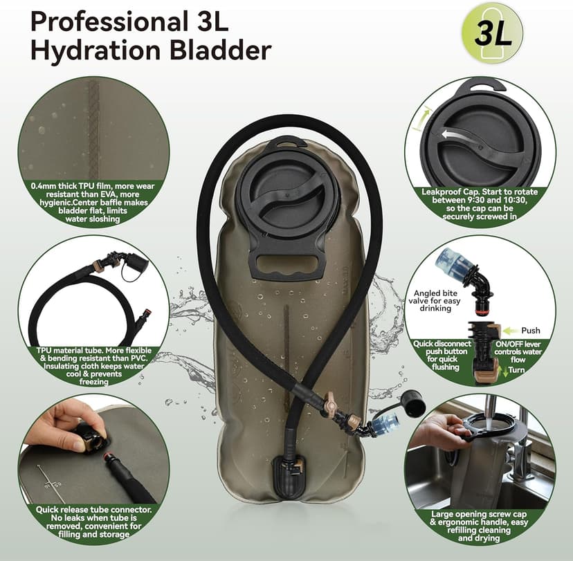 MARCHWAY Tactical Molle Hydration Pack Backpack with 3L TPU Water Bladder, Military Daypack for Cycling, Hiking, Running, Climbing, Hunting, Biking