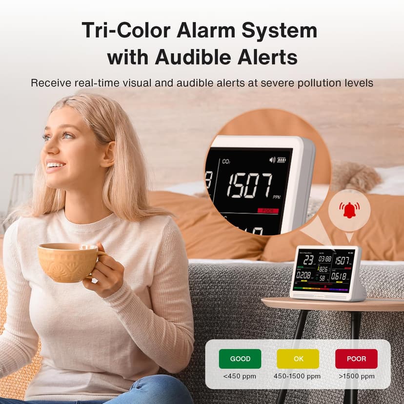 16 in 1 Air Quality Monitor Indoor 7" Large Display 9 AQI+7 Alerts, CO2 Monitor Air Quality Tester for CO2, TVOC, PM2.5 PM1.0 PM10, HCHO Temperature Humidity AQI & Time Air Quality Meter for Home