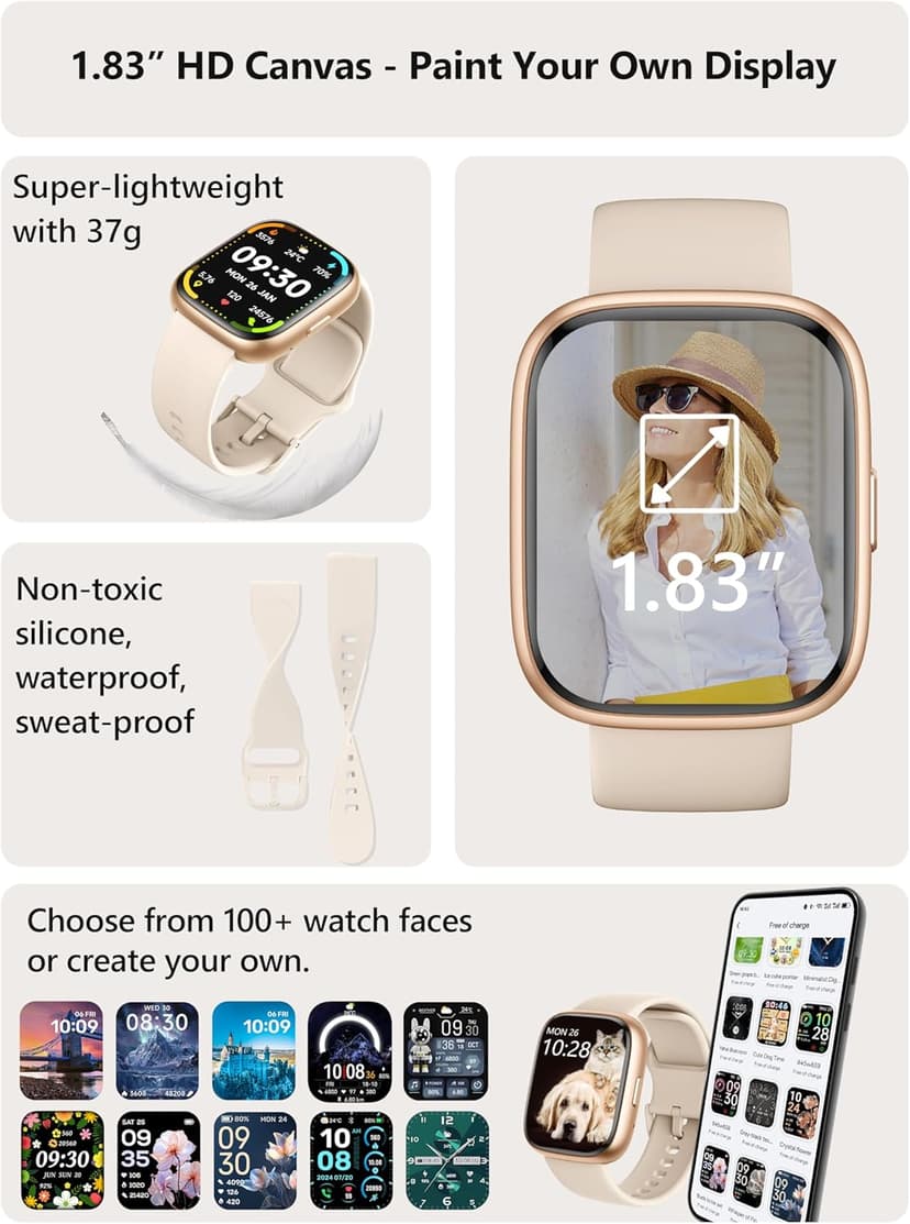 Smart Watch 2026 Upgrade for Women Men Android & iPhone [2 Bands, 44mm case, 1.83''], Alexa Built-in, Make/Answer Call, HR SpO2 Sleep Stress Monitor Fitness Tracker, IP68 Waterproof Step Counter Watch