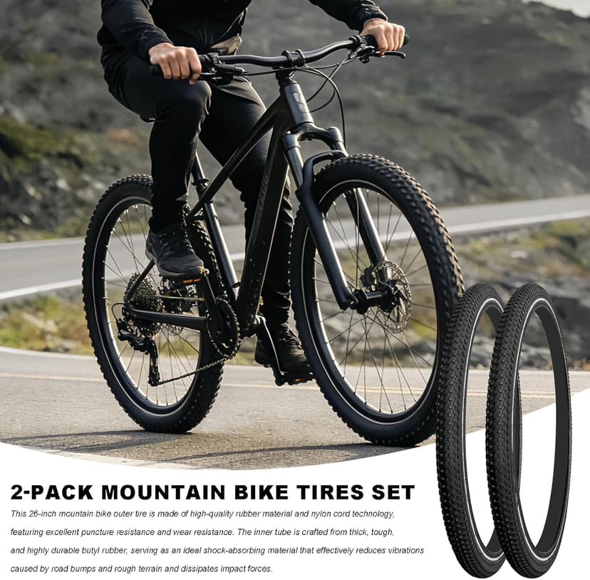 2 Pack Bike Tire Set Thicken Wear-Resistant 26x1.95/2.125 Bicycle Tires with 2 Inner Tubes 26 Inch Bicycle Tires for Mountain,Commuter,Touring Bike