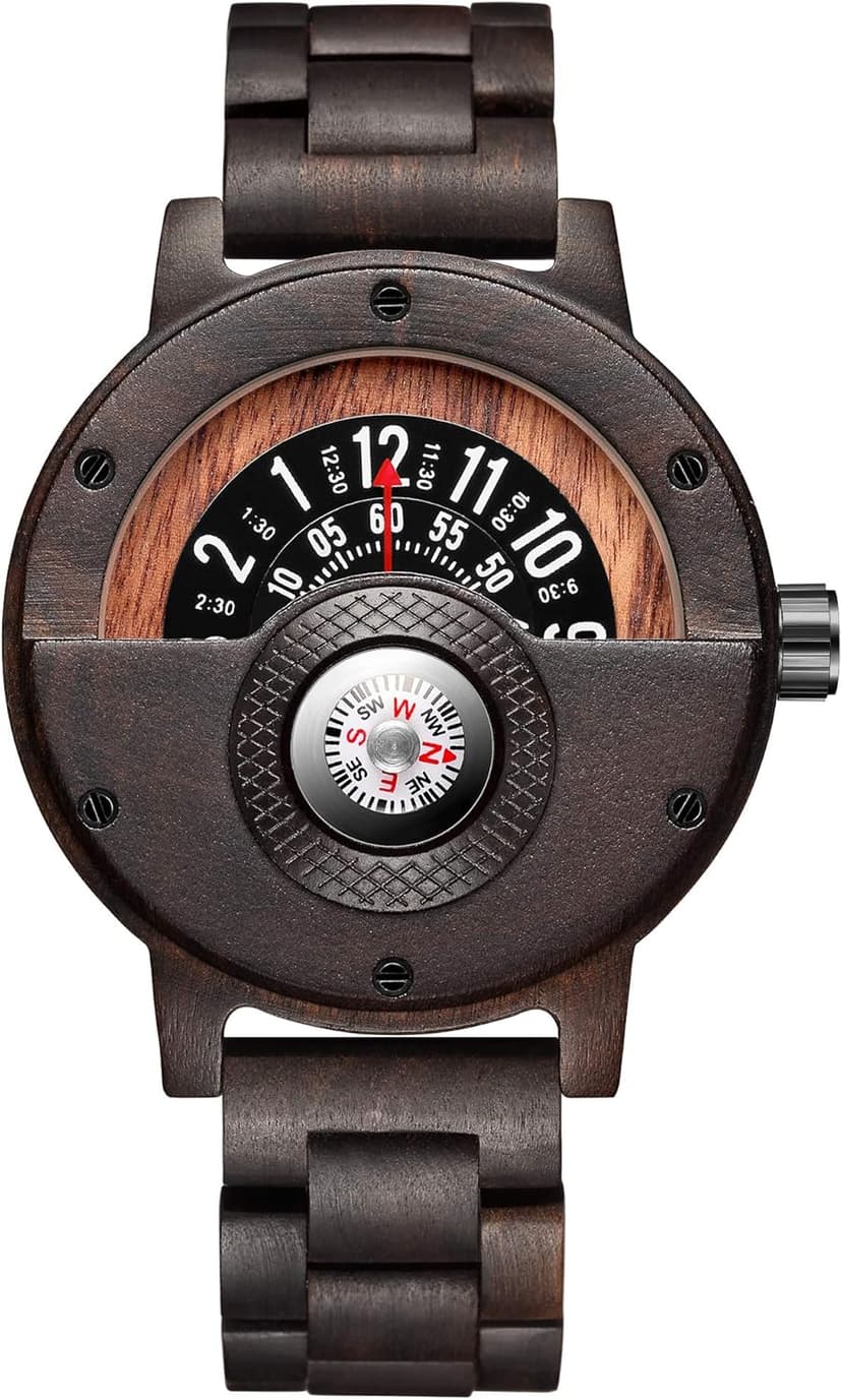 GORBEN Men's Handmade Wooden Watches Mens Lightweight Analog Quartz Wood Mens Wrist Watch with Compass