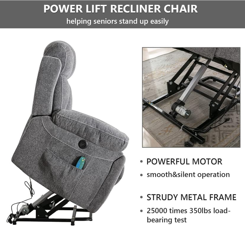 CANMOV Large Power Lift Recliner Chairs with Massage and Heat for Elderly Big People, Heavy Duty Motion Reclining Mechanism-Anti Skid Fabric Recliner Chair with 2 Concealed Cup Holders,Dark Gray