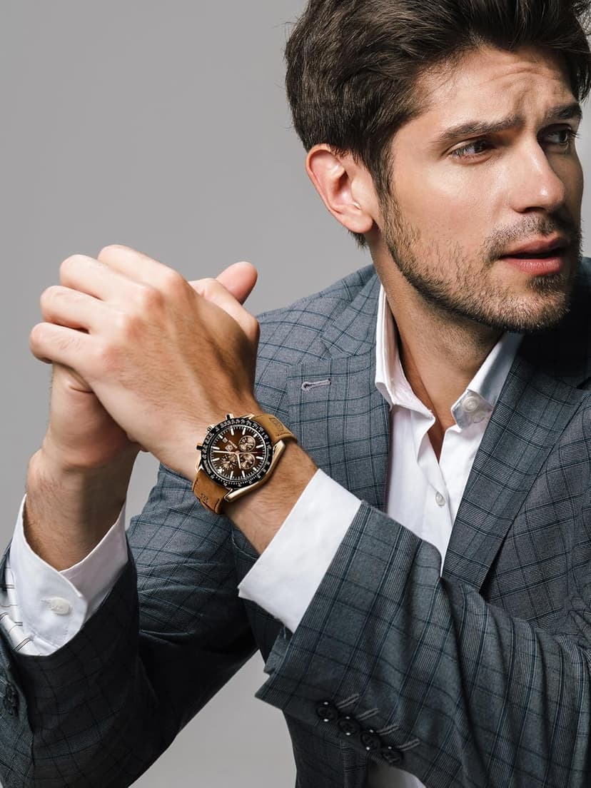 BENYAR Mens Watches Quartz Movement Chronograph Leather Strap Fashion Business Sport Design 30M Waterproof Scratch Resistant Elegant Gifts for Men