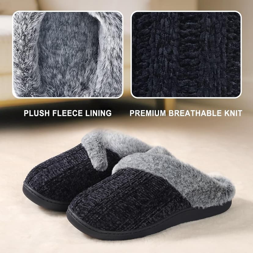 Homitem Slippers for Women Fuzzy House Slip on Indoor Outdoor Bedroom Furry Fleece Lined Ladies Comfy Memory Foam Female Home Shoes Anti-Skid Rubber Hard Sole