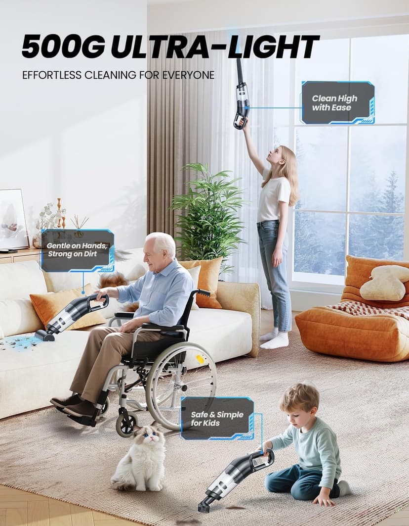 Handheld Vacuum Cordless, 26,000 Pa High Power Suction, Portable Rechargeable Car Vacuum Cleaner for Home, Pet Hair, Keyboard & Furniture, Black