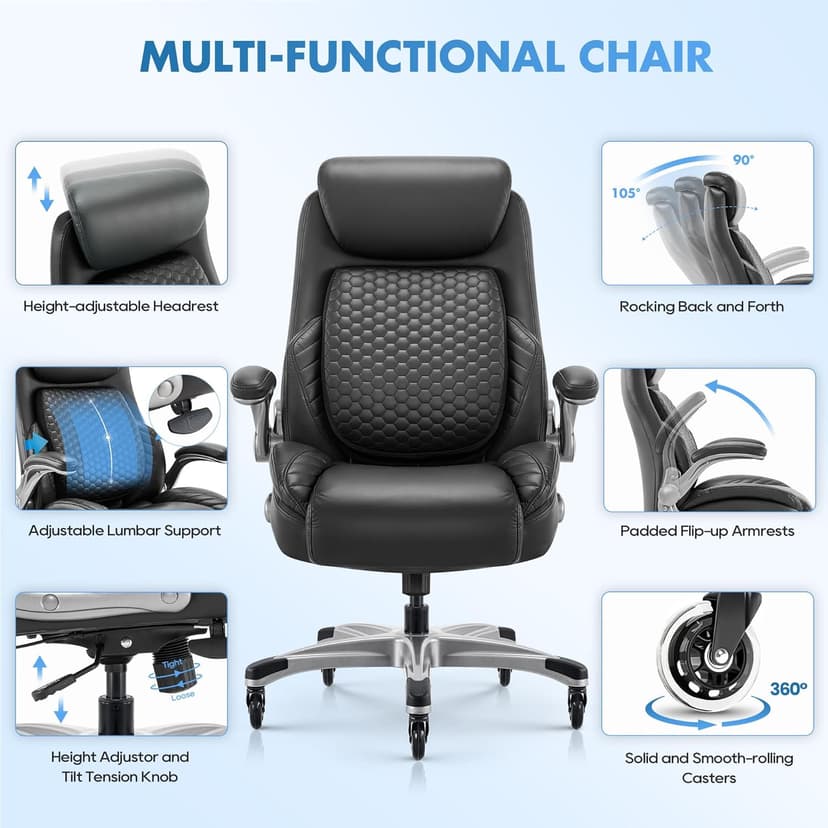 COLAMY Office Ergonomic Desk High Back Executive Chair with Pop-Out Lumbar Support, Upgraded Casters, Adjustable Headrest, Flip-Up Arms, Leather Home with Thick Cushion for Comfort - Black