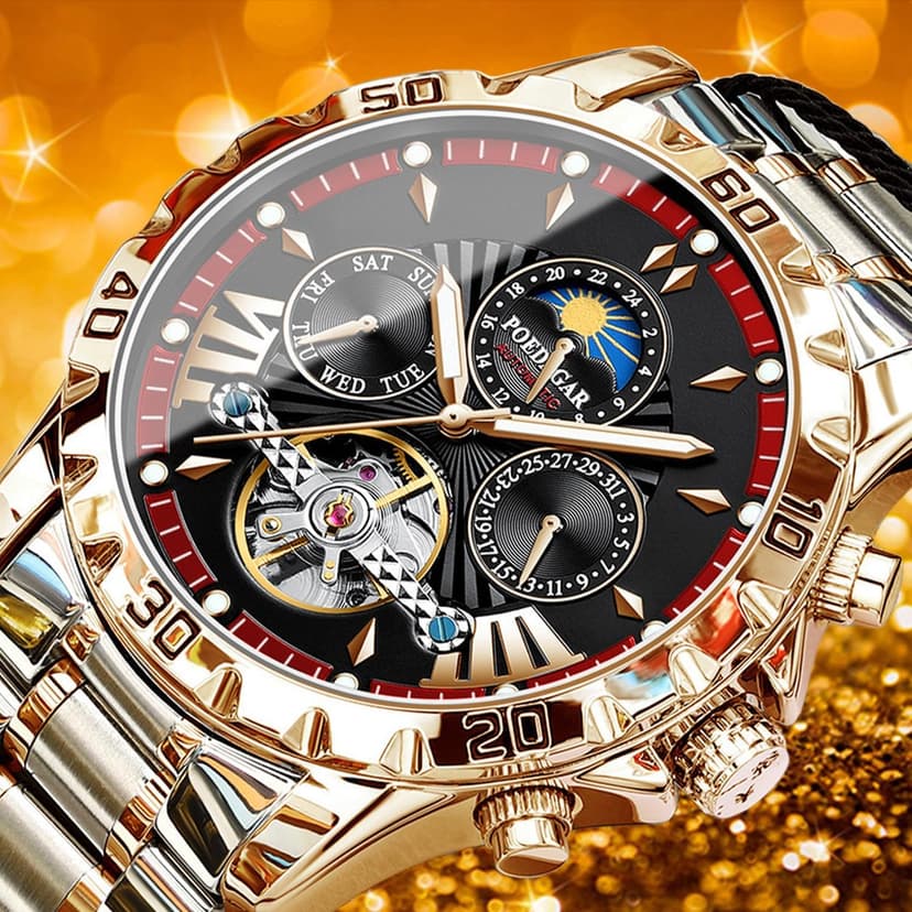 FORSINING Mechanical Men's Watch, Moon Phase Tourbillon Automatic Self-Wind Wristwatch, Luxury Stainless Steel Band 43mm Big Dial Mens Wrist Watch with 3 Sub Dial