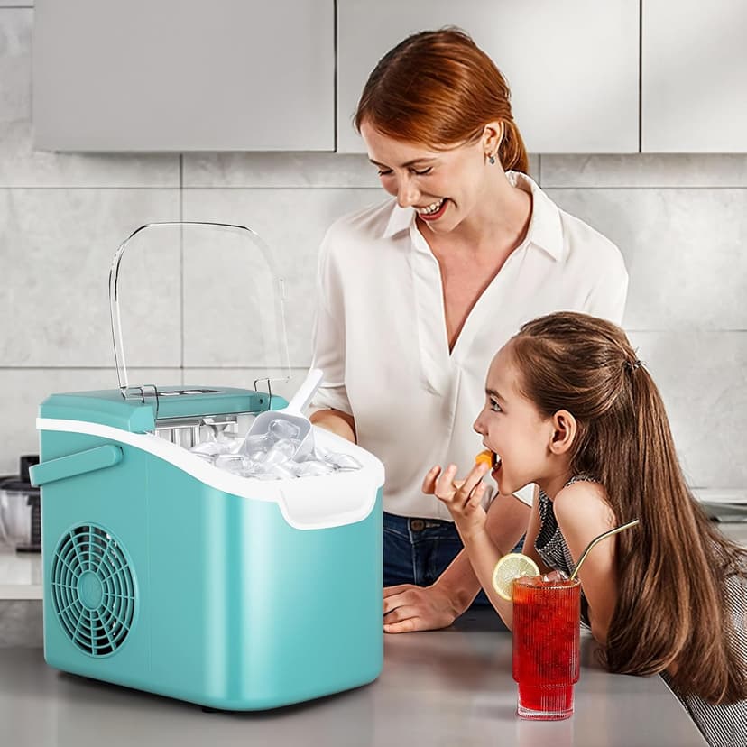 Portable Ice Maker Machine with Handle, 26lbs/24Hrs, 6Mins/9 Ice Cubes, Self-Cleaning with Basket/Scoop, Countertop Ice Makers for Home/Kitchen/Office(Green)
