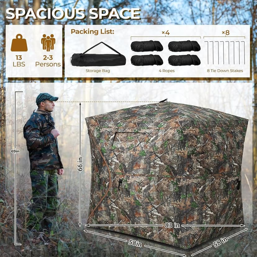 HUNTSEN Hunting Blind 270 Degree See Through Ground Blind - 2-3 & 3-4 Person Pop Up Deer Blind for Hunting with Carrying Bag - 300D Reinforced Portable Durable Blind for Turkey and Deer