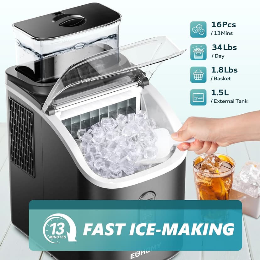 EUHOMY Ice Cube Maker Machine Countertop with External Water Tank, 2 Ways to Add Water, 34Lbs/Day, 16Pcs Ready in 7 Mins, Auto-Cleaning, with Ice Scoop & Basket, for Home/Kitchen/Office/Bar (Black)