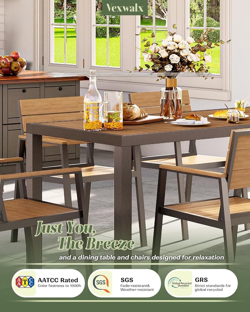 Vexwalx 7-Piece Outdoor Dining Set, Aluminum Dining Table Set for 6, Patio Table and Chairs Set with Umbrella Hole, All Weather HDPS Outdoor Table and Chairs for 6 (Gray-Teak)