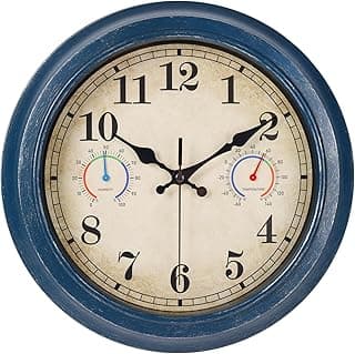 12 Inch Outdoor Clock with Thermometer and Hygrometer Combo, Waterproof Indoor Outdoor Wall Clocks for Patio, Pool, Garden, Bathroom Decor- Blue