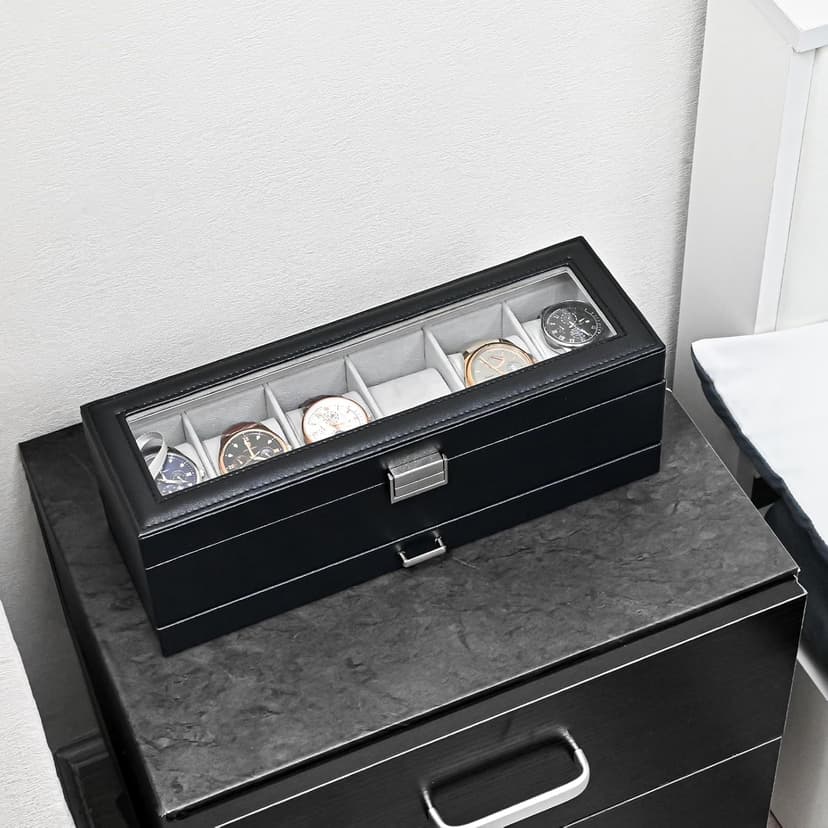 ProCase ProCase Watch Box, 6 Slot Watches Display Case with Drawer, Mens Watch Case with Glass Lid, 2-Layer Mens Jewelry Organizer Storage Holder, Birthday Valentine Gifts for Men -6 Slot, Black