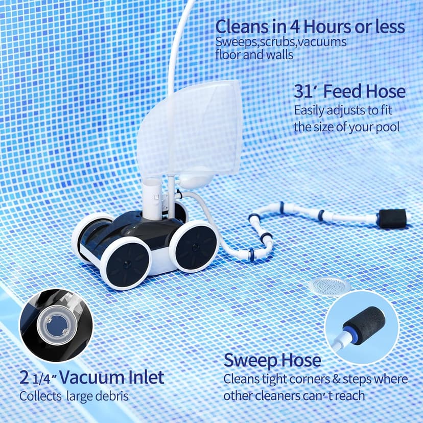Amptyhub Upgrade Pool Pressure Side Sweeper: Professional Solution for Cleaning Your Swimming Pool (Four Wheels Better Than Three)