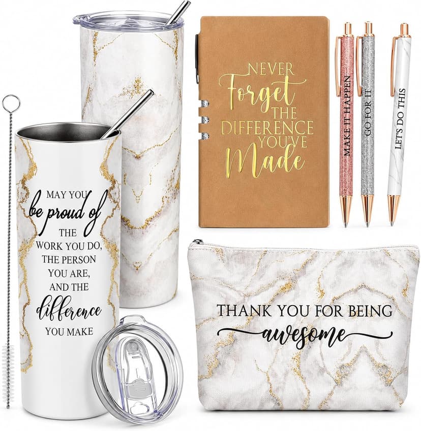 Female Thank You Work Anniversary May You Be Proud 20oz Tumbler Makeup Bag Journal Gift for Boss Teacher Custodian Customer Domensi 6 Pcs Employee Appreciation Gift Set for Women, White B0CHYMKWLB
