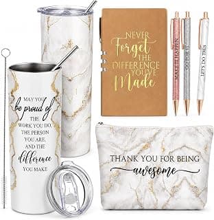 Female Thank You Work Anniversary May You Be Proud 20oz Tumbler Makeup Bag Journal Gift for Boss Teacher Custodian Customer Domensi 6 Pcs Employee Appreciation Gift Set for Women, White B0CHYMKWLB