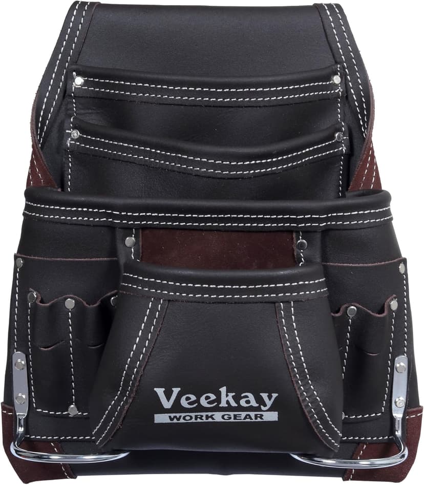 VEEKAY 10 Pockets Men Resin Finish/Oil Tanned Leather Tool Pouch White and Brown Bags Fastener Carpenter's Nail, Tool Heavy Duty Steel Hammer Loop, Belt Loop for Electrician Technician Installers