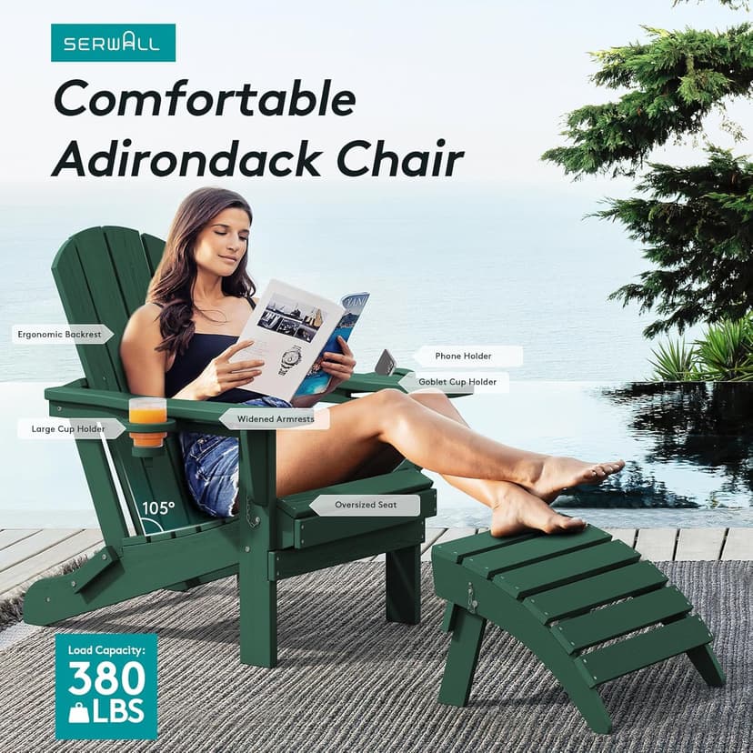 SERWALL Adirondack Chair with Cup Holders - Composite Adirondack Chairs Set of 4 HDPE Outdoor Chairs All Weather Use- Green