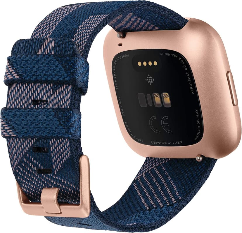 Fitbit Versa 2 Special Edition Health and Fitness Smart Watch with Heart Rate, Music, Alexa Built-In, Sleep and Swim Tracking, Navy and Pink Woven/Copper Rose, One Size (S and L Bands Included), 2.3