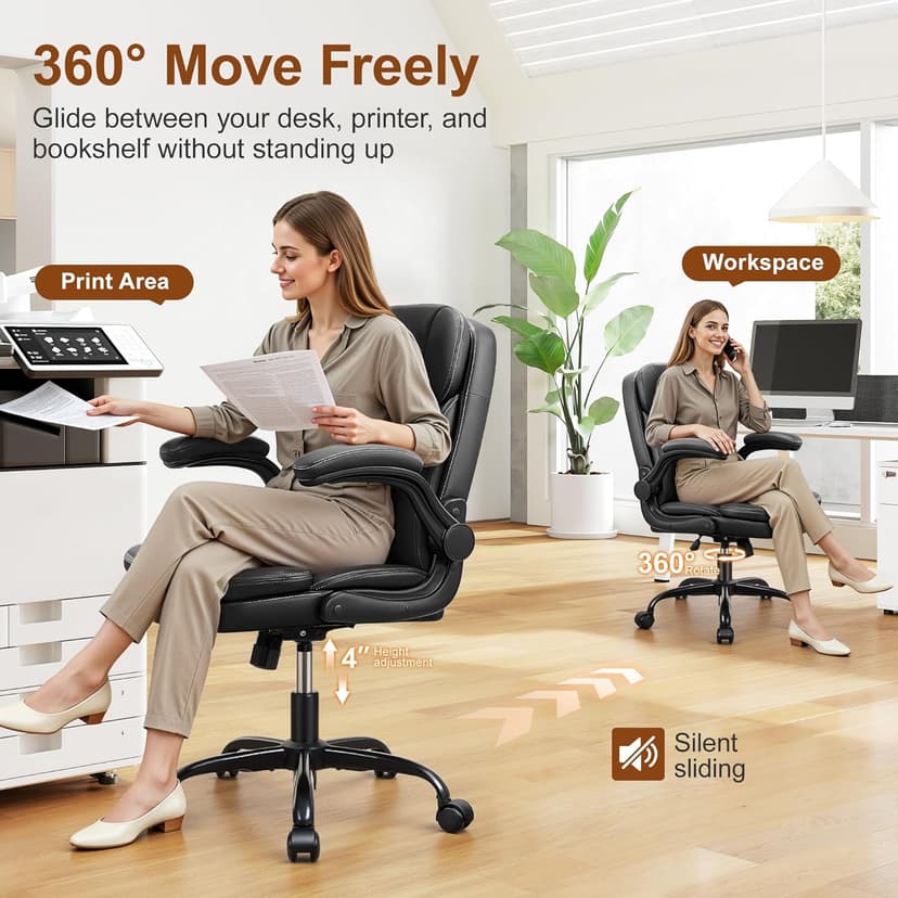 Leather Office Chair, Upgraded PU Computer Desk Chairs with Double-Layer Seat Cushion and Neckrest, 360°Swivel, Ergonomic Small Gaming Chair with Wheels and Adjustable Armrests for Short People, Black
